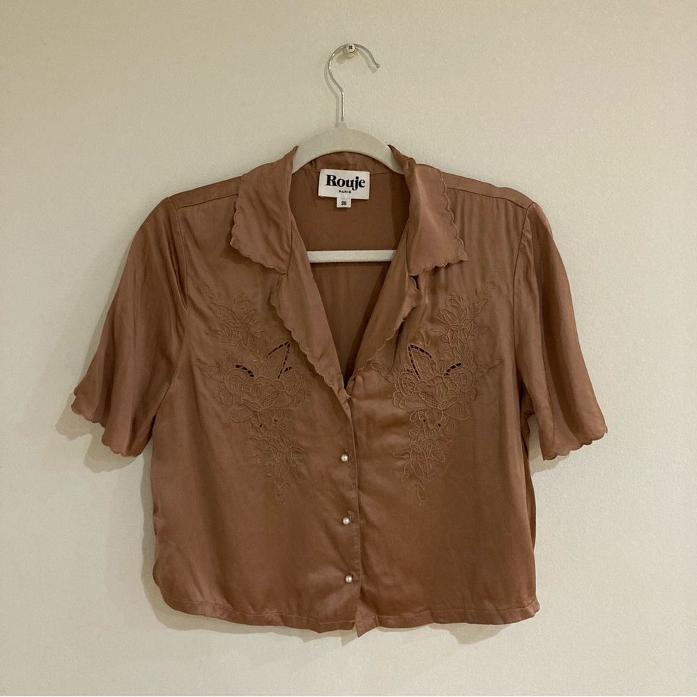 Rouje Cropped Rose Gold/Pink Blouse with Collar and floral cutouts